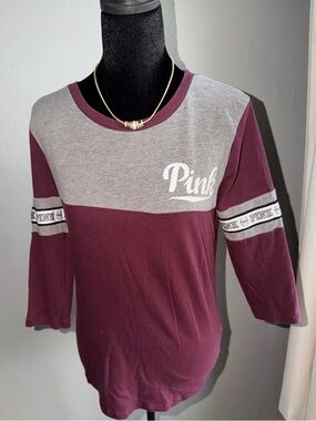 PINK Victoria's Secret Maroon and Gray Long Sleeve Tee